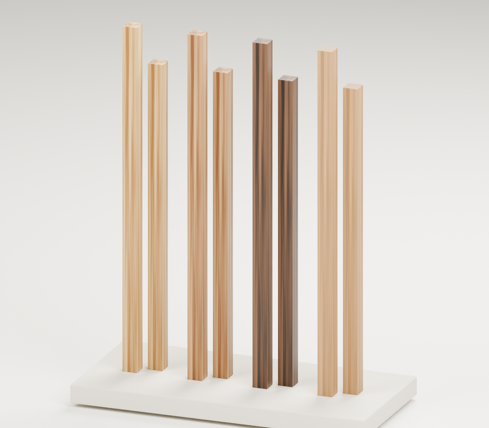 Holzstäbe in Kiefer, Eiche geölt und Räuchereiche nebeneinander